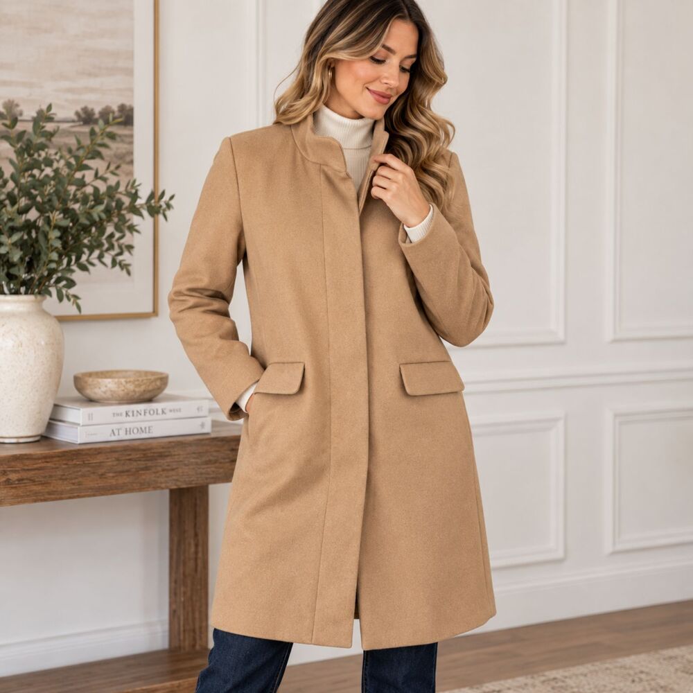 Nine West XL Camel Faux Wool Long Coat NWT Zip Front Minimalist